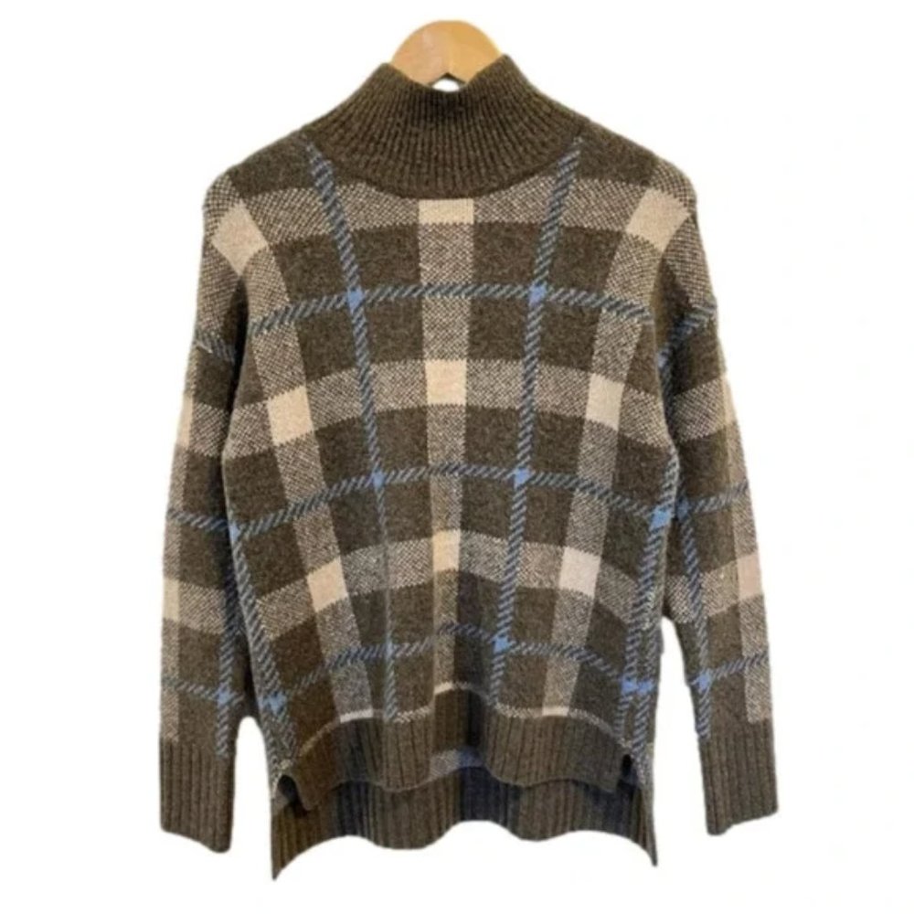 WOOL Blend Sweater Tartan Plaid Mockneck Blue Grey Size Medium Cynthia Rowley